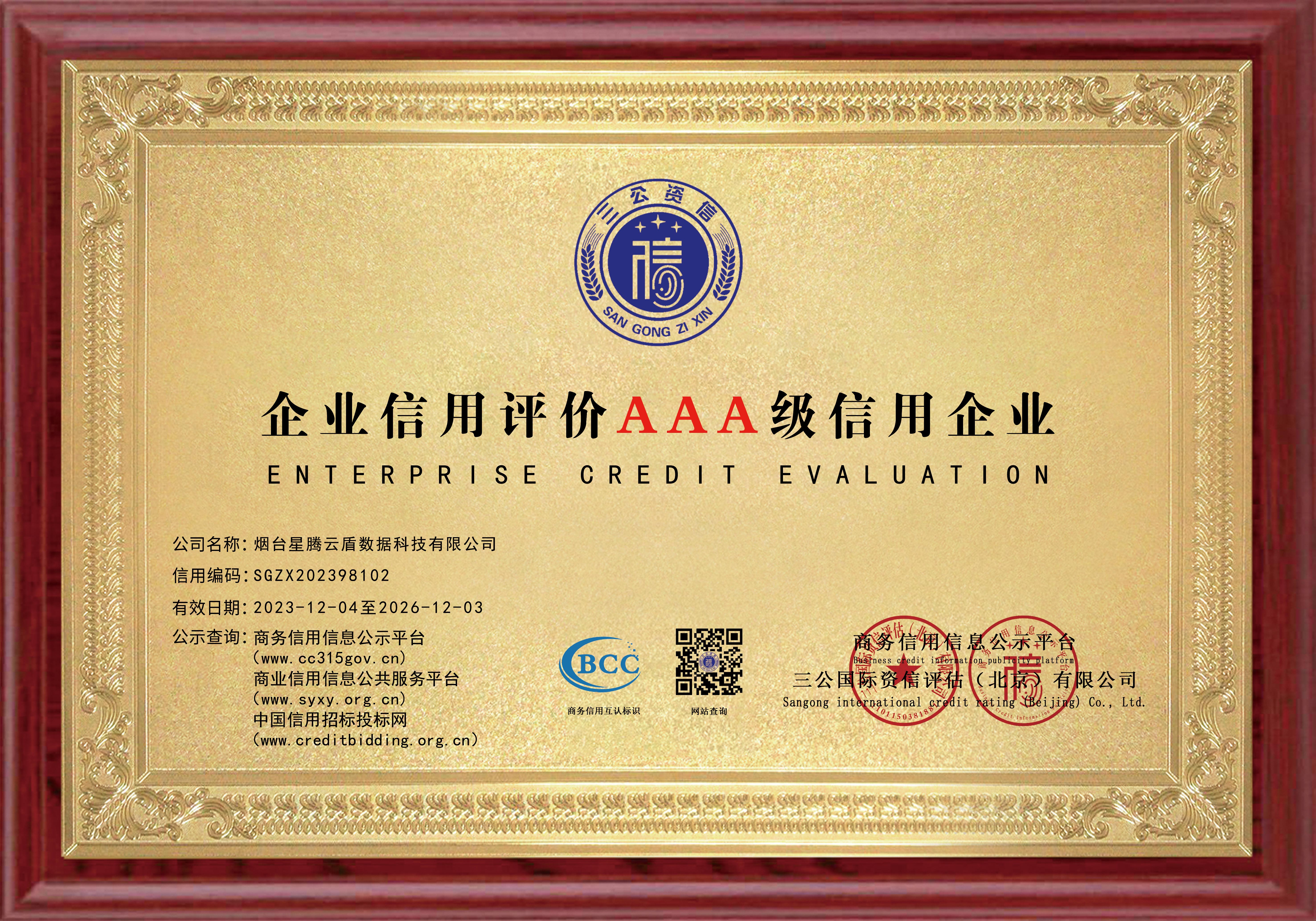 企业信息评价证书